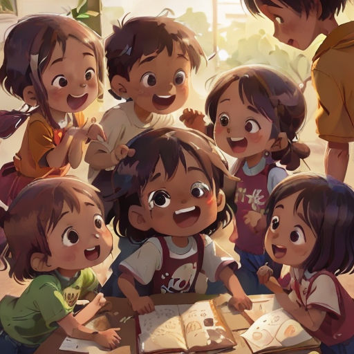 a group of children sitting around a table with books on it and a boy standing next to them with a book in his hand