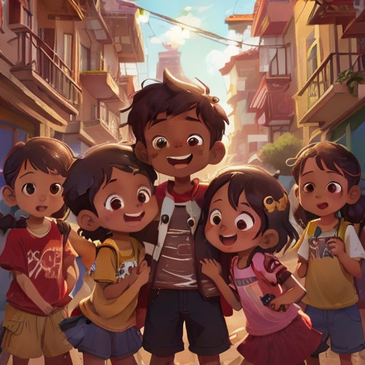 a group of children standing in front of a building with a man standing next to them and a woman standing behind them