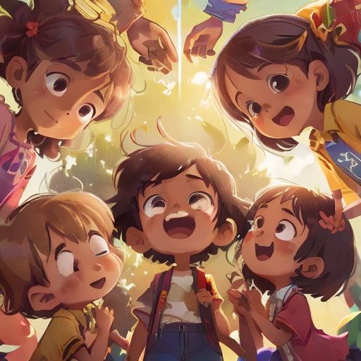 a group of children standing in front of a tree with their mouths open and hands in the air, with a sky background