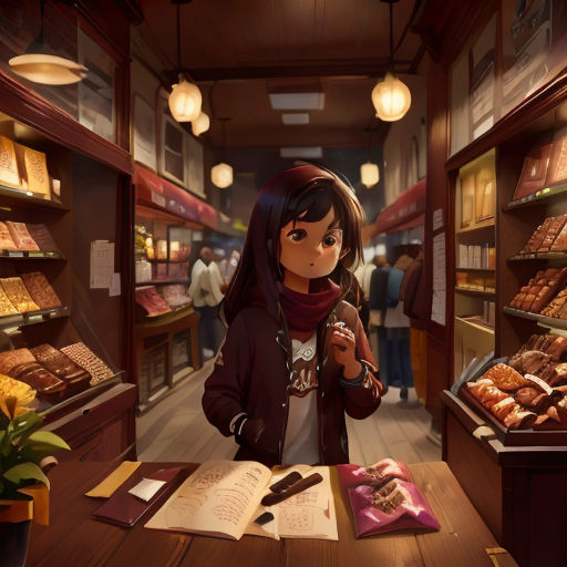 a woman standing in a bakery looking at a book and a cup of coffee in front of her, with a book open