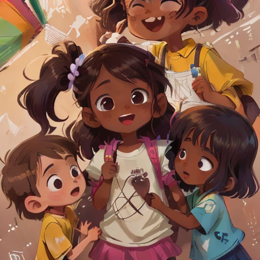 a group of children standing next to each other on a beach with a kite in the background and a woman holding a child