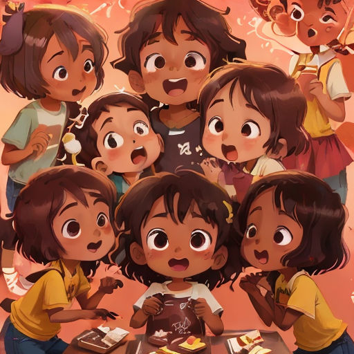 a group of children standing around a table with a cake on it and a man standing behind them with a surprised look on his face