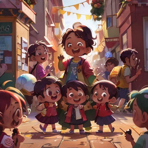 a group of children standing in front of a store front with a man standing next to them and a woman standing behind them