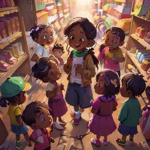 a group of children standing in a store with a woman standing next to them and a man standing behind them