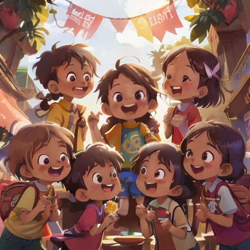 a group of children standing next to each other in front of a banner with bunting flags and bunting