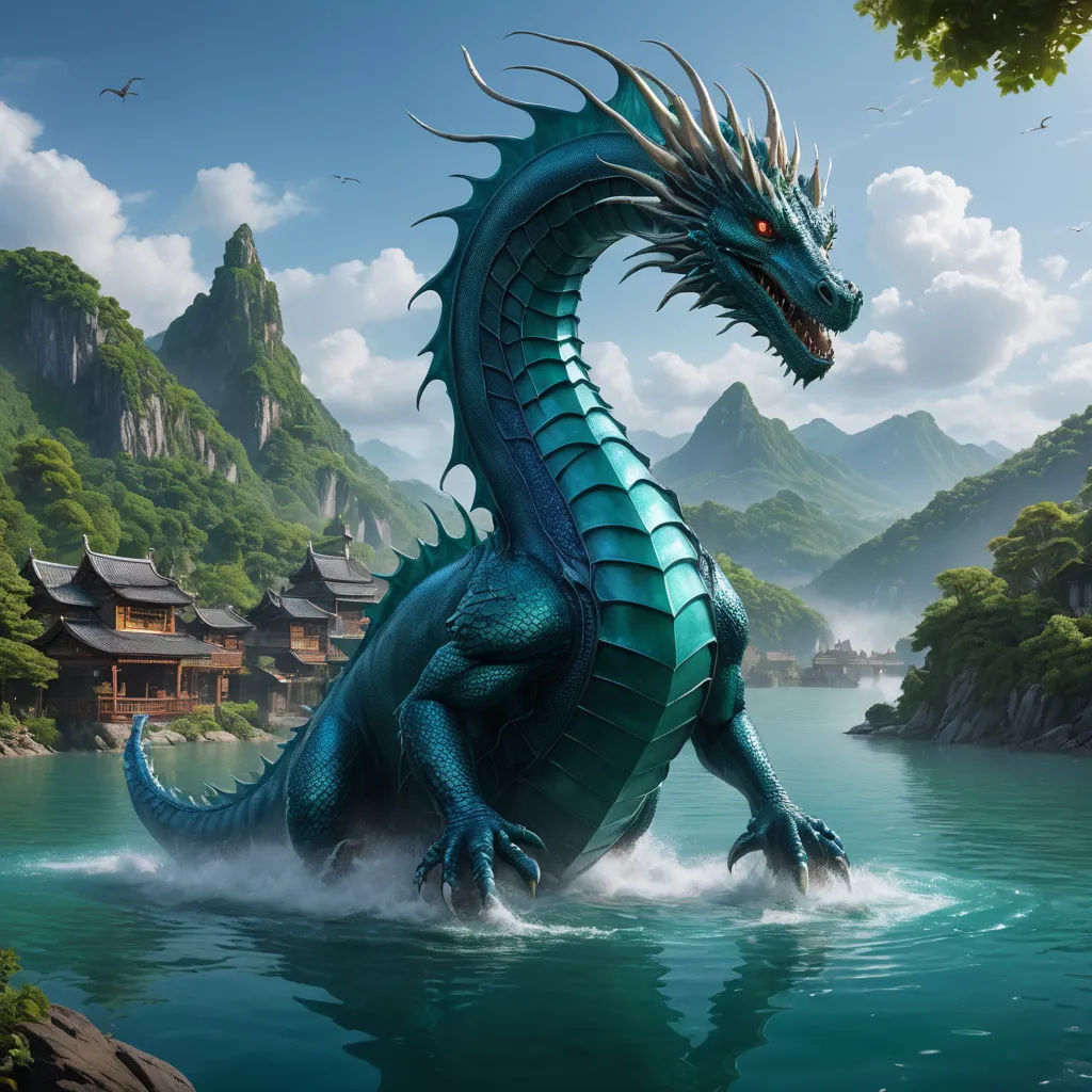 a blue dragon is in the water near a mountain range and a village with a pagoda on the top, fantasy art, a digital painting, Christophe Vacher, dragon art