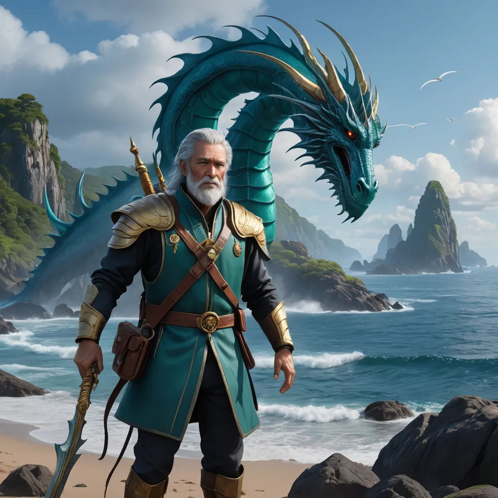 a man in a green outfit standing on a beach next to a blue dragon statue and a body of water, fantasy art, concept art, Clint Cearley, epic fantasy character art
