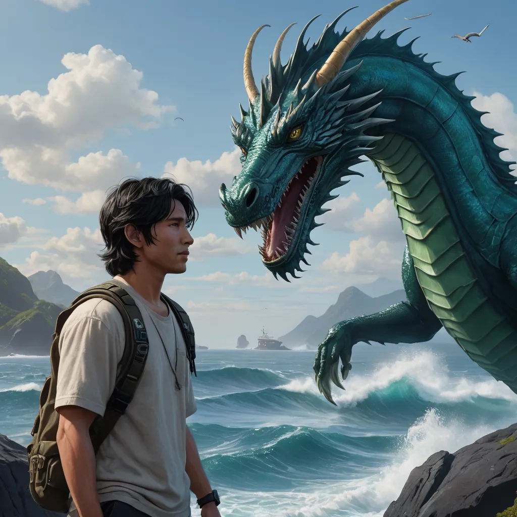 a man standing next to a green dragon on a cliff near the ocean with a boat in the background, fantasy art, a detailed matte painting, Drew Struzan, dragon art
