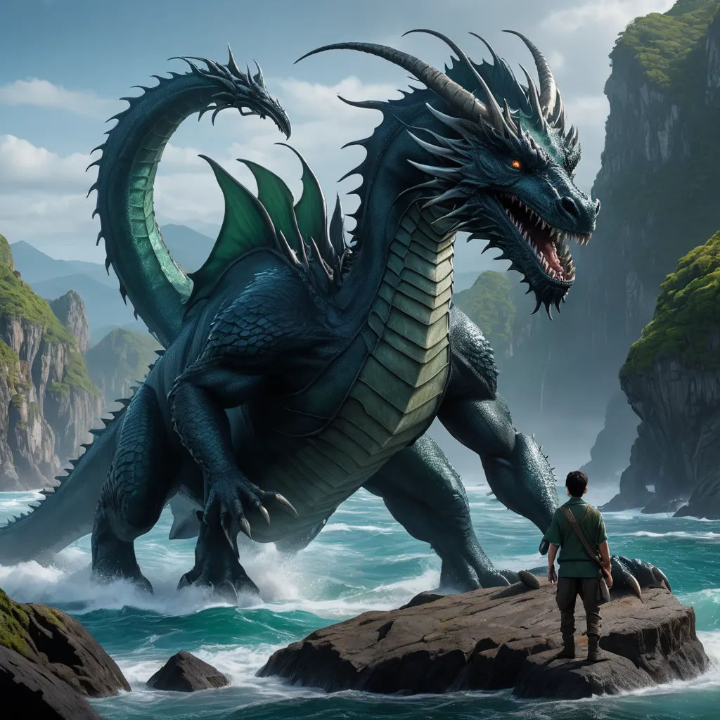 a man standing on a rock next to a large dragon in the ocean with a mountain in the background, fantasy art, concept art, Clint Cearley, dragon art