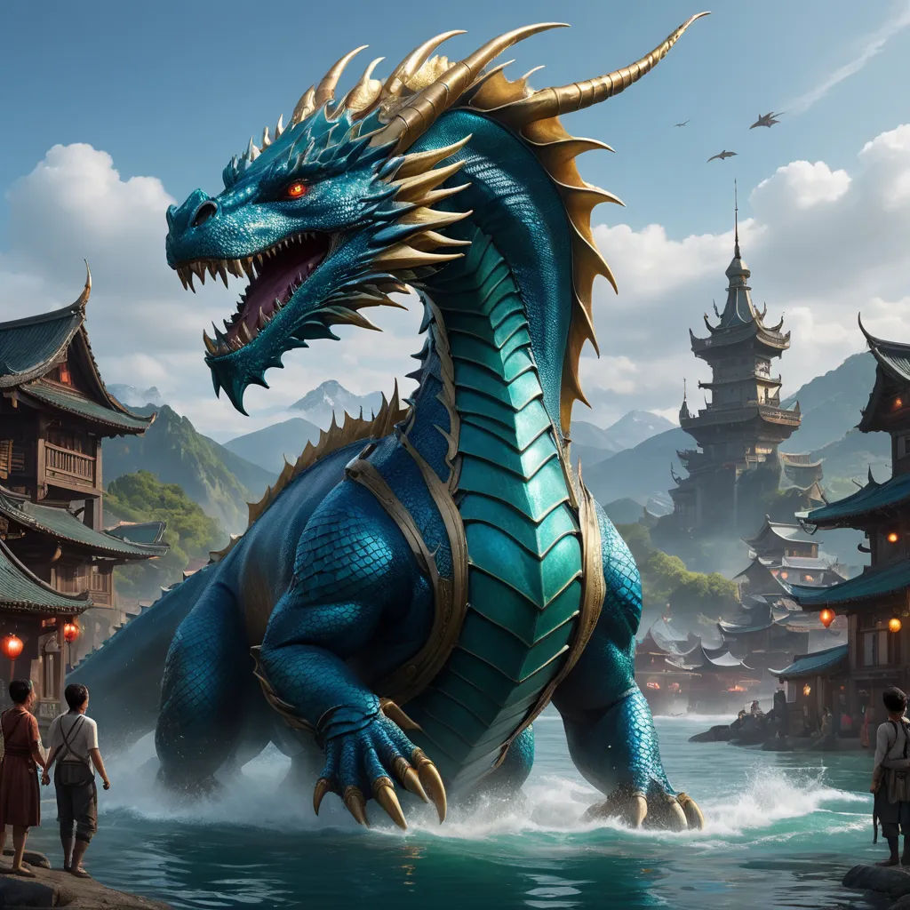a blue dragon statue in a river with a castle in the background and people standing around it in the foreground, fantasy art, concept art, Clint Cearley, dragon art