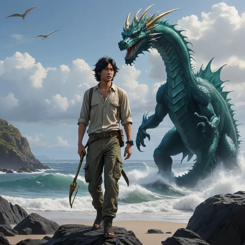 a man standing on a beach next to a green dragon statue on a rocky shore with a sword in his hand, fantasy art, a matte painting, Clint Cearley, epic fantasy character art
