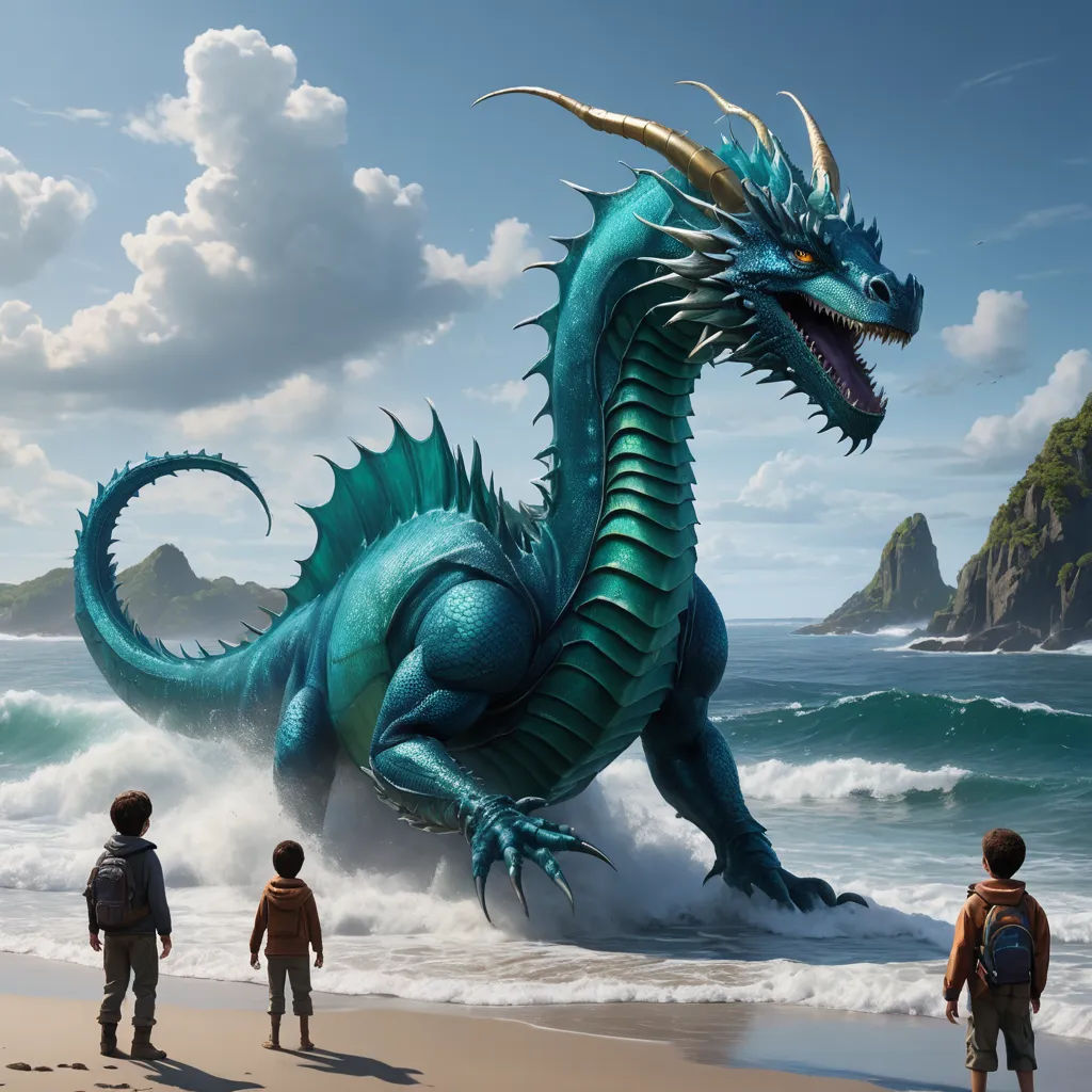 a blue dragon statue on the beach with people looking at it and a mountain in the background with clouds, fantasy art, a storybook illustration, Clint Cearley, dragon art