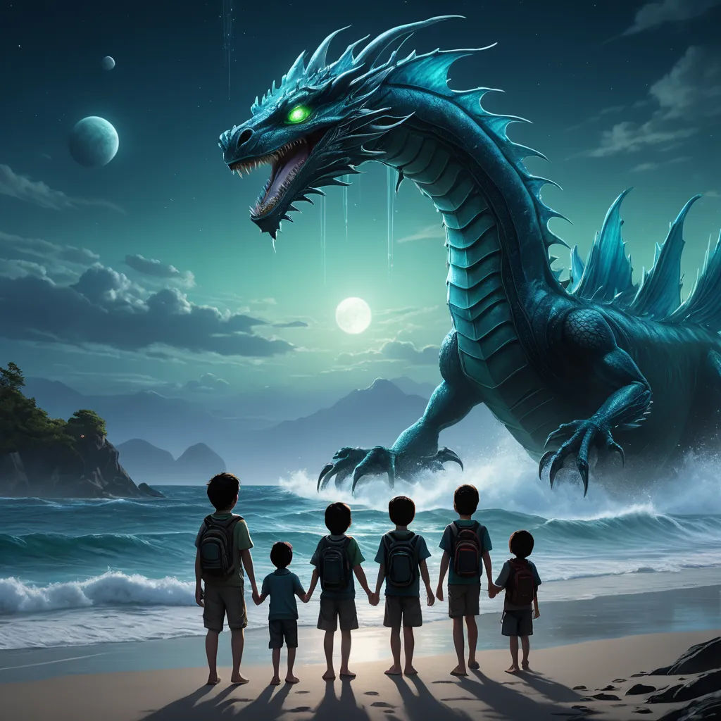 a group of children standing on a beach next to a dragon statue at night time with a full moon in the background, fantasy art, a storybook illustration, Diego Gisbert Llorens, dragon art