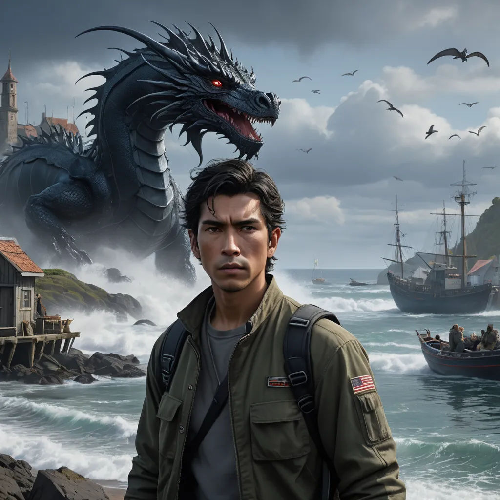 a man standing in front of a painting of a dragon and a boat in the ocean with a man in a green jacket, fantasy art, a character portrait, Chris LaBrooy, key art