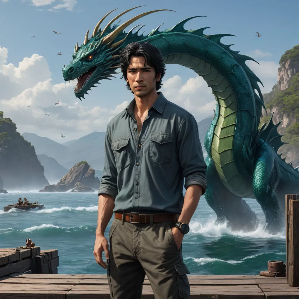 a man standing next to a green dragon on a pier near the ocean with a boat in the water, photorealism, a character portrait, Christophe Vacher, key art