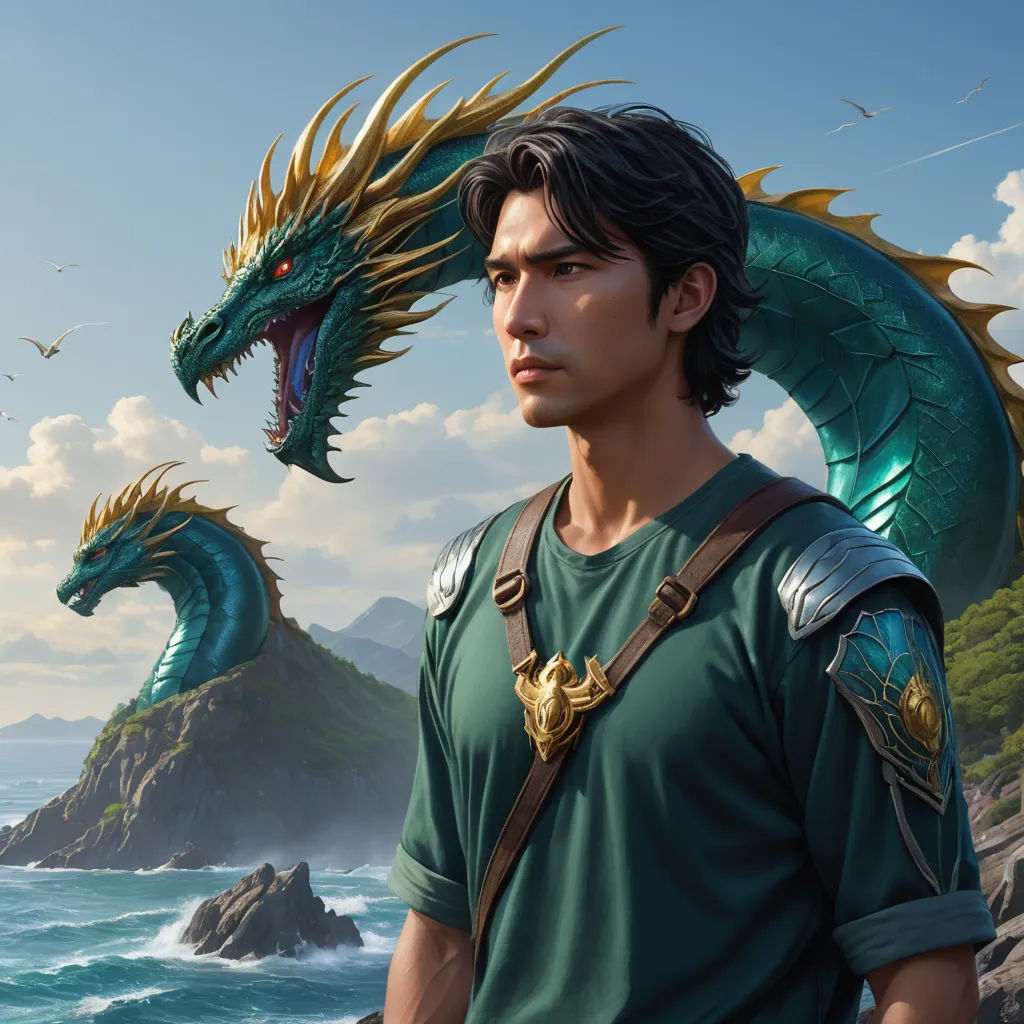 a man standing next to a green dragon on a cliff near the ocean with a mountain in the background, fantasy art, a character portrait, Clint Cearley, epic fantasy character art