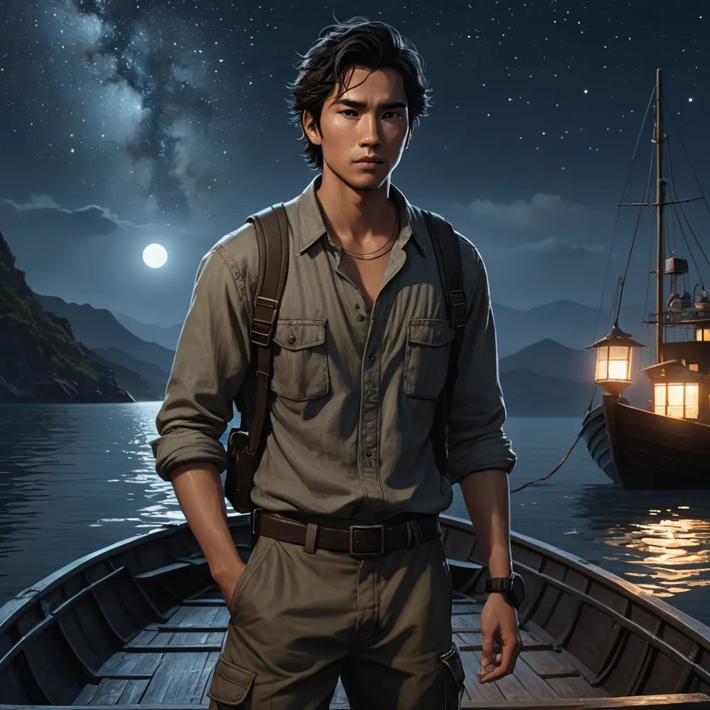 a man standing on a boat in the water at night with a full moon in the background and a boat in the water, serial art, a character portrait, David Park, key art