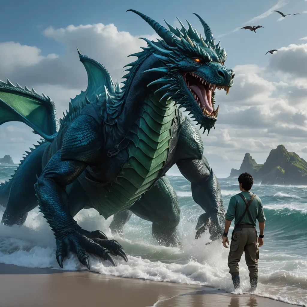 a man standing on a beach next to a giant dragon statue on the ocean shore with a bird flying over it, fantasy art, a detailed matte painting, Clint Cearley, dragon art