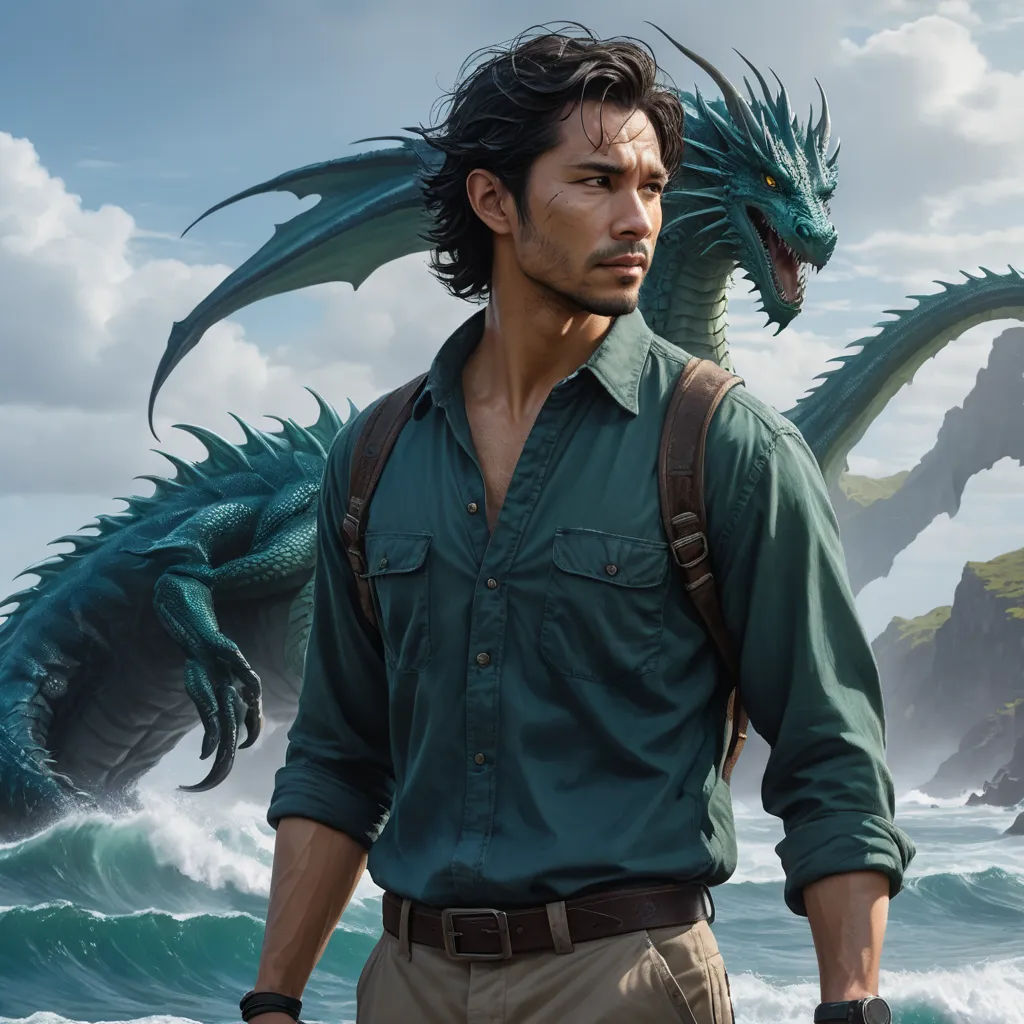 a man standing in front of a green dragon on a beach with a blue sky and clouds behind him, fantasy art, a character portrait, Clint Cearley, dragon art