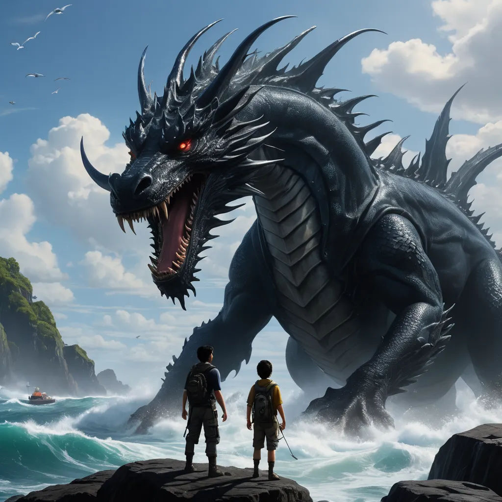 two people standing on a rock near a large dragon in the ocean with a boat in the background and a boat in the water, fantasy art, a storybook illustration, Clint Cearley, dragon art