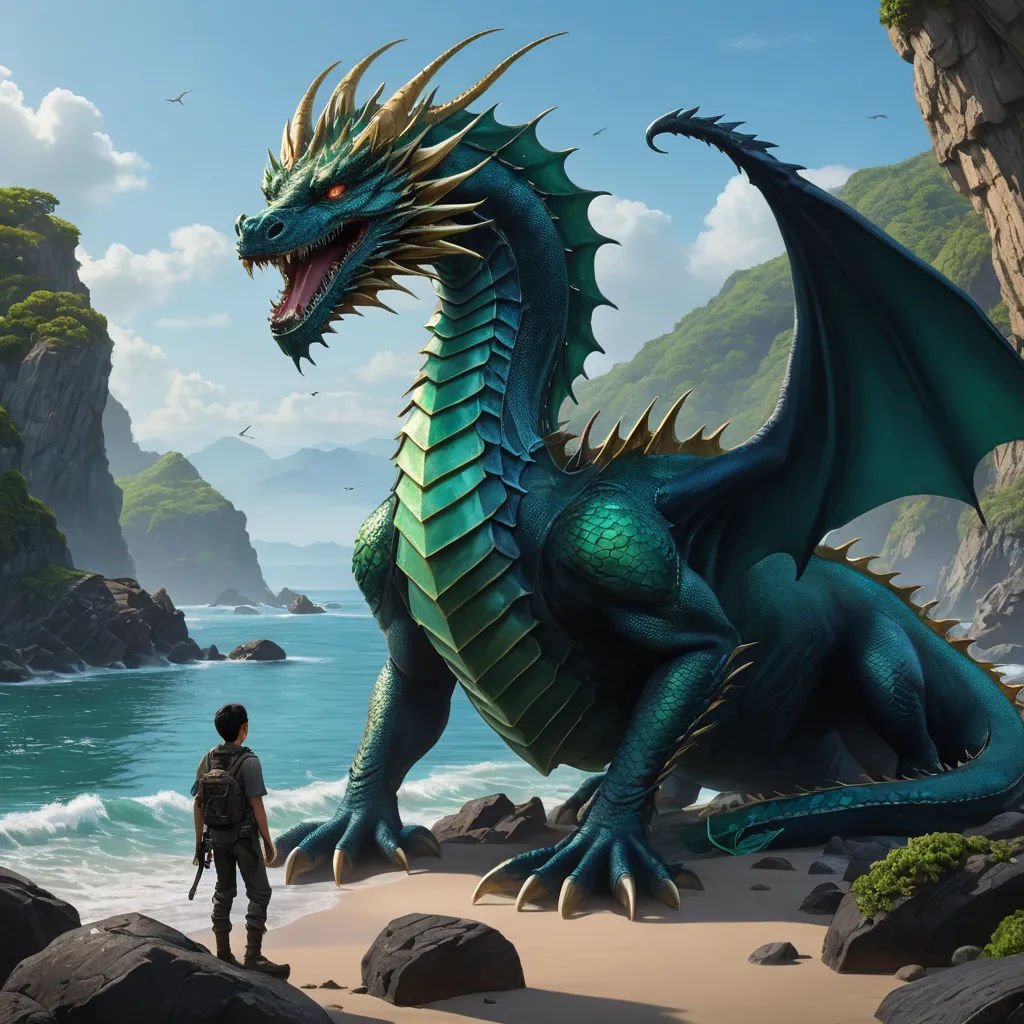 a man standing next to a green dragon on a beach next to a cliff and ocean with a person standing next to it, fantasy art, a storybook illustration, Clint Cearley, dragon art