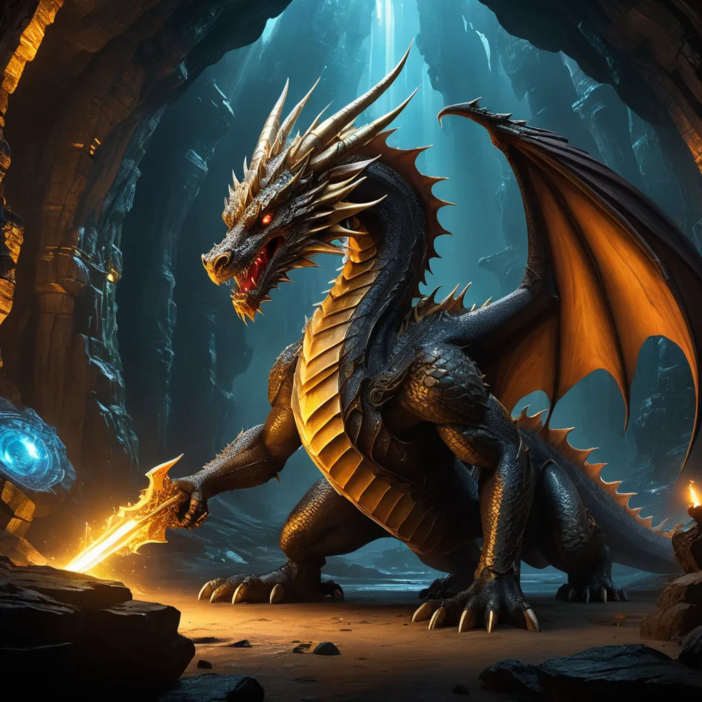 a dragon with a glowing tail and a glowing eye is in a cave with a glowing orb in its mouth, fantasy art, a 3D render, Clint Cearley, dragon art