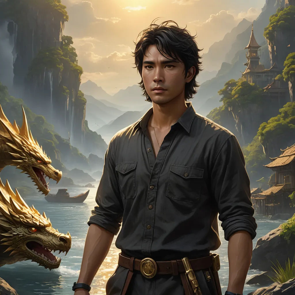 a man standing next to a dragon in a forest with a river and mountains in the background, with a mountain range in the background, fantasy art, a character portrait, Cedric Seaut (Keos Masons), key art