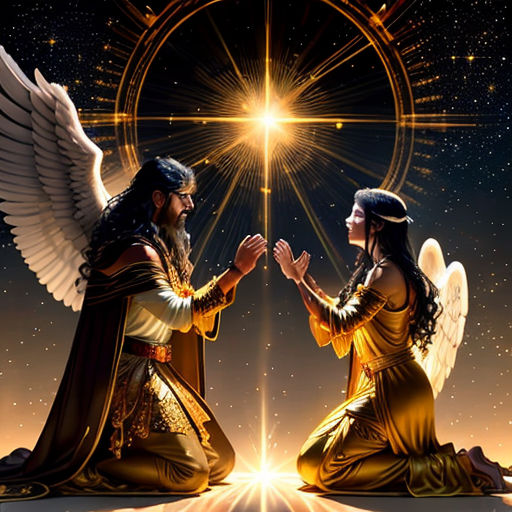 two angels sitting on the ground with their hands together and a star above them in the sky above them