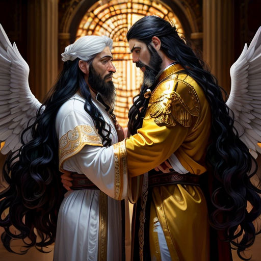 a painting of two men with long hair and beards, one with long hair and the other with long hair