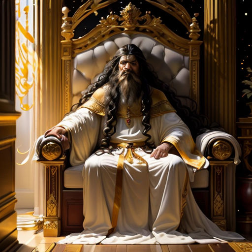 a man with long hair sitting on a throne in a room with gold trimmings and a white robe