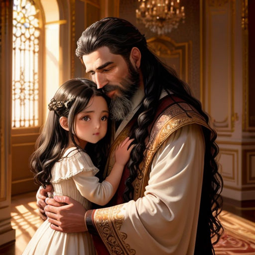 a man and a little girl are dressed in renaissance clothing and hugging each other in a room with a chandelier