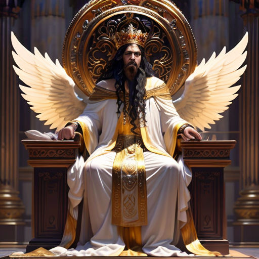 a man sitting on a throne with wings on his head and a crown on his head, with a golden throne behind him