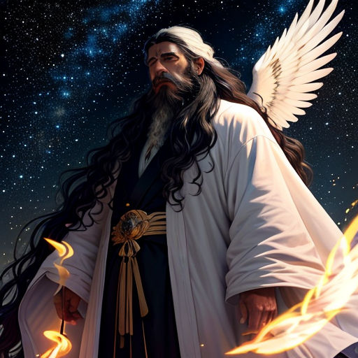 a man with long hair and a beard wearing a robe and holding a staff with a star in the background