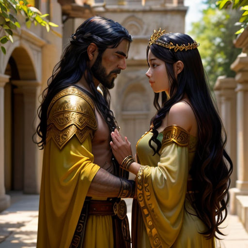 a man and a woman dressed in roman costumes standing next to each other in front of a building with a clock tower