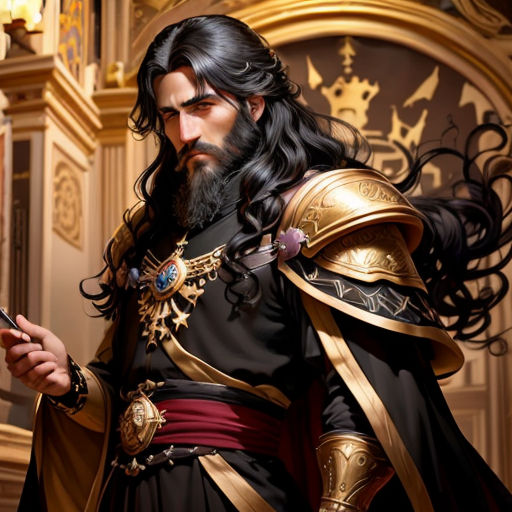 a man in a black and gold outfit holding a cell phone and a clock behind him with a golden crown on it