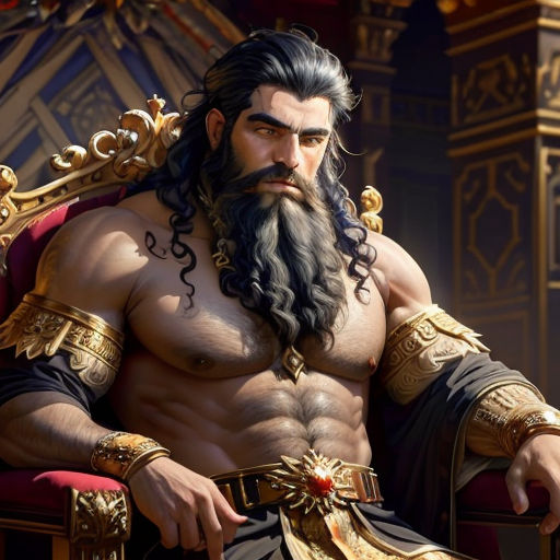 a man with a beard and a beard sitting in a chair with a sword in his hand and a crown on his head