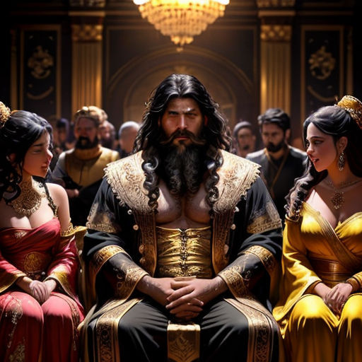 a group of people dressed in medieval costumes sitting next to each other in a room with a chandelier