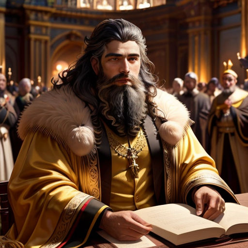 a man with a beard and long hair sitting at a table with a book in his hand and a crowd of people in the background