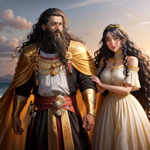 a man and woman dressed in ancient greek costumes standing next to each other on a beach with a boat in the background