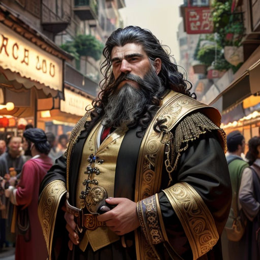 a man with a long beard and a long beard wearing a gold and black outfit and holding a cell phone