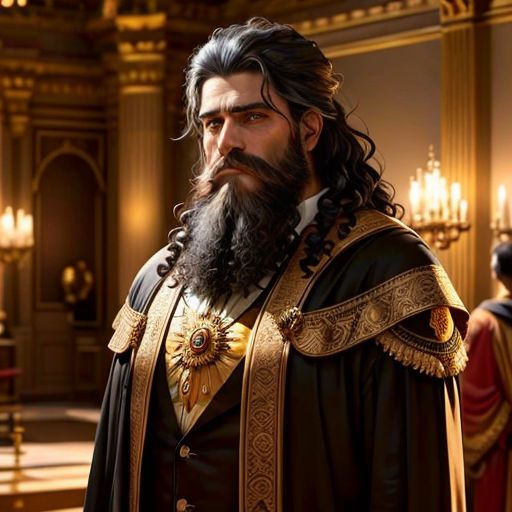 a man with a beard and a long beard in a suit of armor in a room with chandeliers