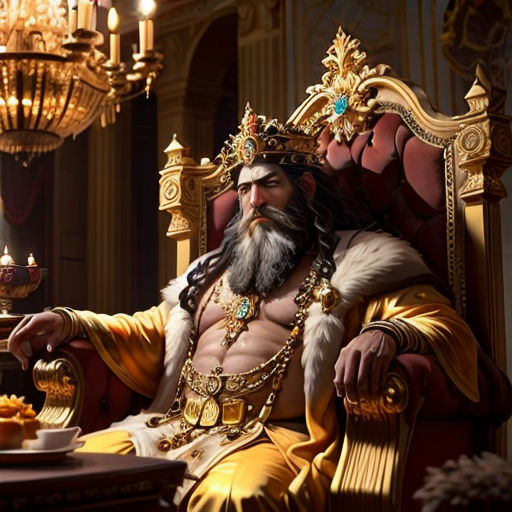 a man in a golden outfit sitting in a chair with a tray of food in his hand and a chandelier hanging from the ceiling