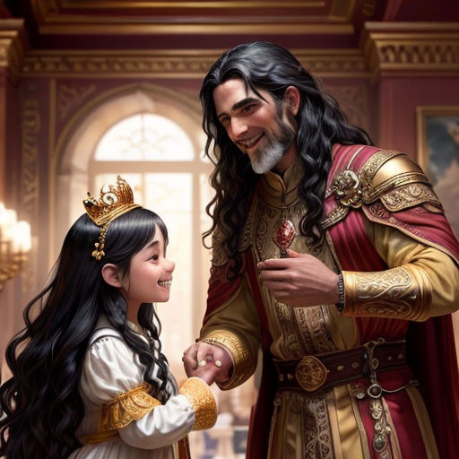 a painting of a man and a little girl dressed in medieval clothing, holding hands and smiling at each other