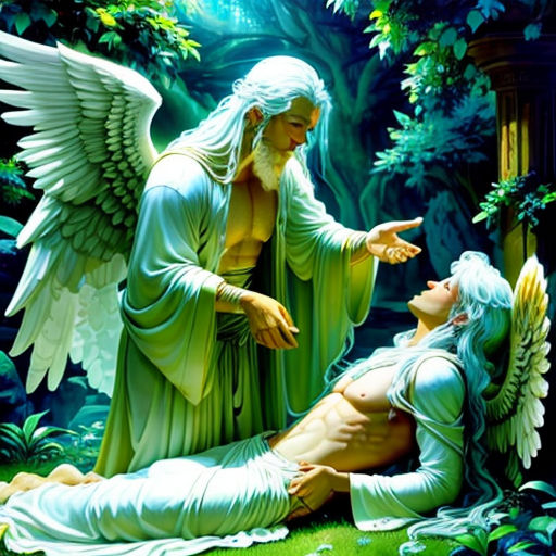 a painting of a man and a woman in the woods with angel wings on their backs, pointing at something