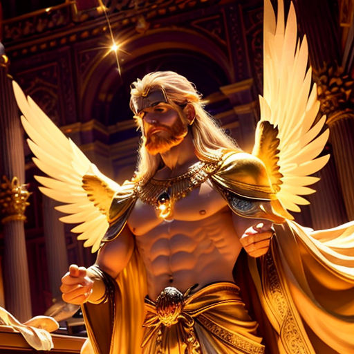a man with a beard and a beard wearing a gold outfit with wings and a halo around his neck