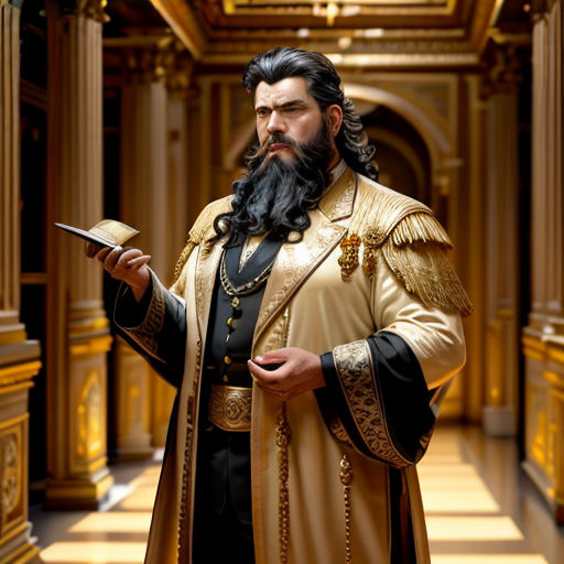 a man in a golden outfit holding a paper and a pen in his hand in a hallway with columns
