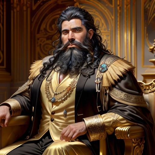 a man with a beard and a gold outfit sitting in a chair with a gold chain around his neck