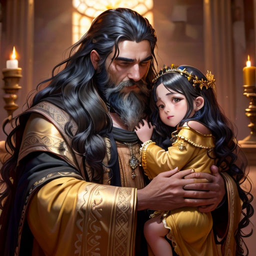 a painting of a man holding a little girl in his arms and a candle in the background with a stained glass window
