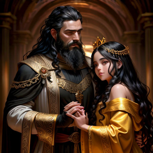 a painting of a man and a woman dressed in medieval clothing, standing together, with a crown on their head