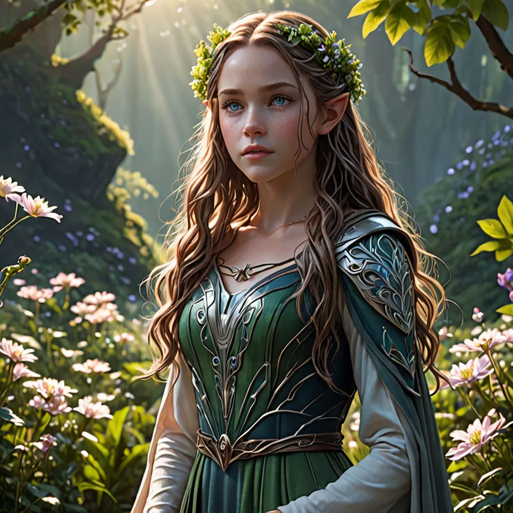 a woman in a green dress standing in a forest with flowers and trees in the background and sunlight shining through the leaves, fantasy art, a detailed painting, Clint Cearley, magic the gathering artwork